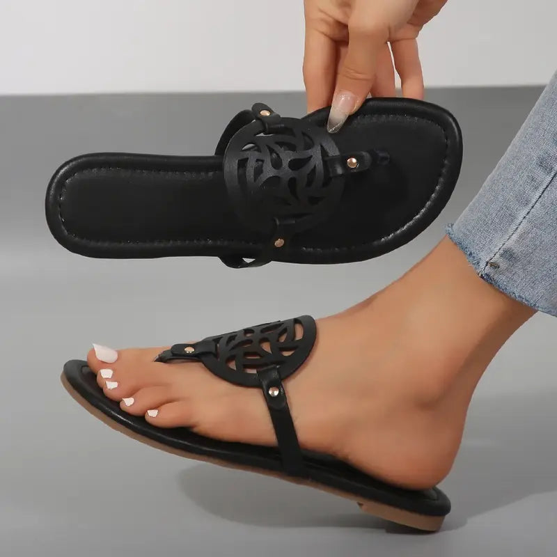 Comfortable Women's Flat Sandals With Cute Cut-Out Designs - Dressy Thong Flip