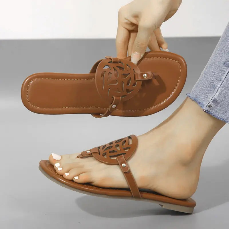 Comfortable Women's Flat Sandals With Cute Cut-Out Designs - Dressy Thong Flip