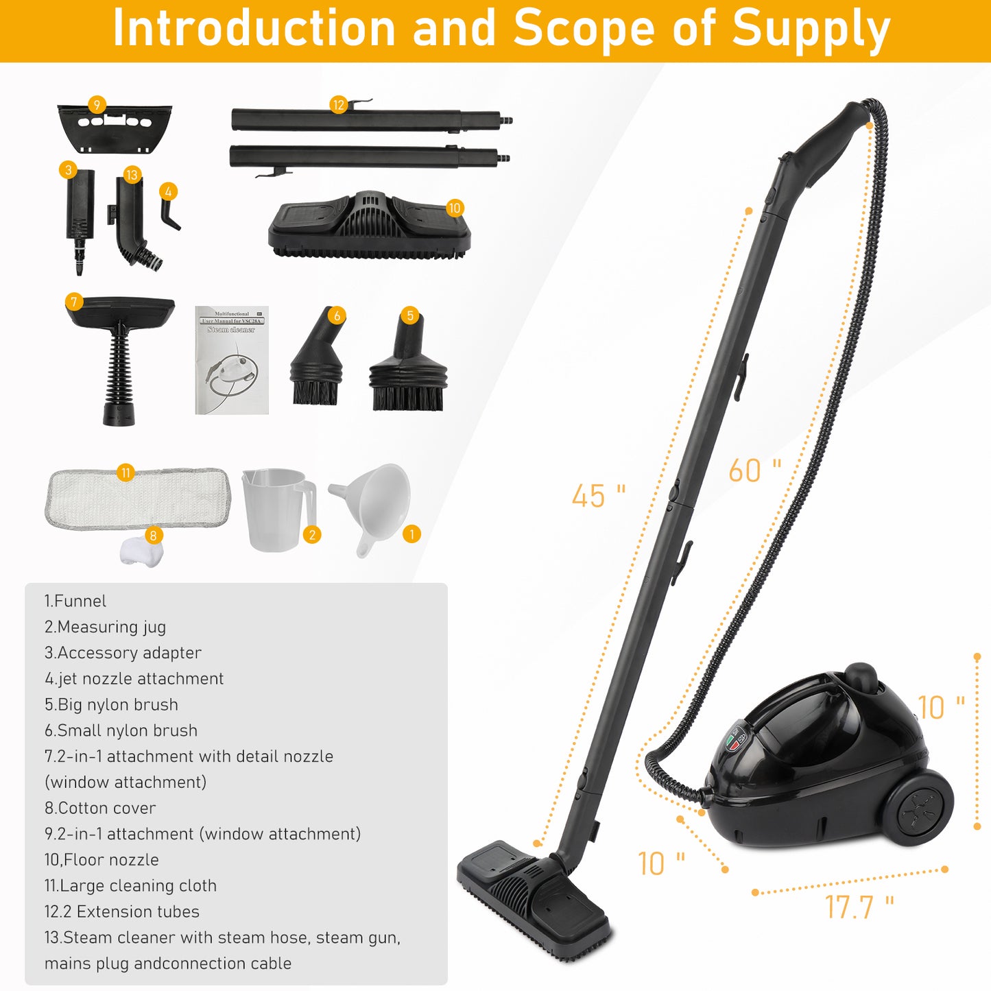 VSC28A Multipurpose Steam Cleaner with 13 Accessories, 1.2L tank Portable Steamer for Floors, Carpet, Windows, Cars and More,ETL Certificated 1500W