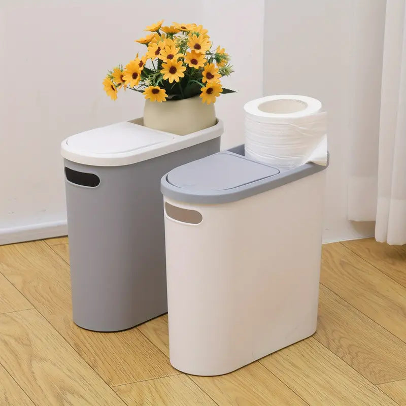 10L Slim Bathroom Trash Can | Space-Saving Silent Garbage Bin with Storage Top
