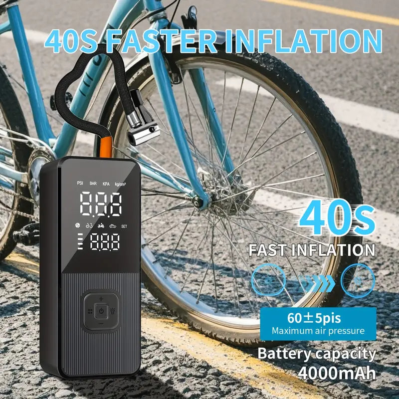 Portable Air Compressor, 150PSI Tire Inflator For Car Tires, Electric Air Pump For Cars Faster Inflation Speed, Equipped With 4000mAh Battery And LED-Illuminated Precision Digital Pressure Gauge