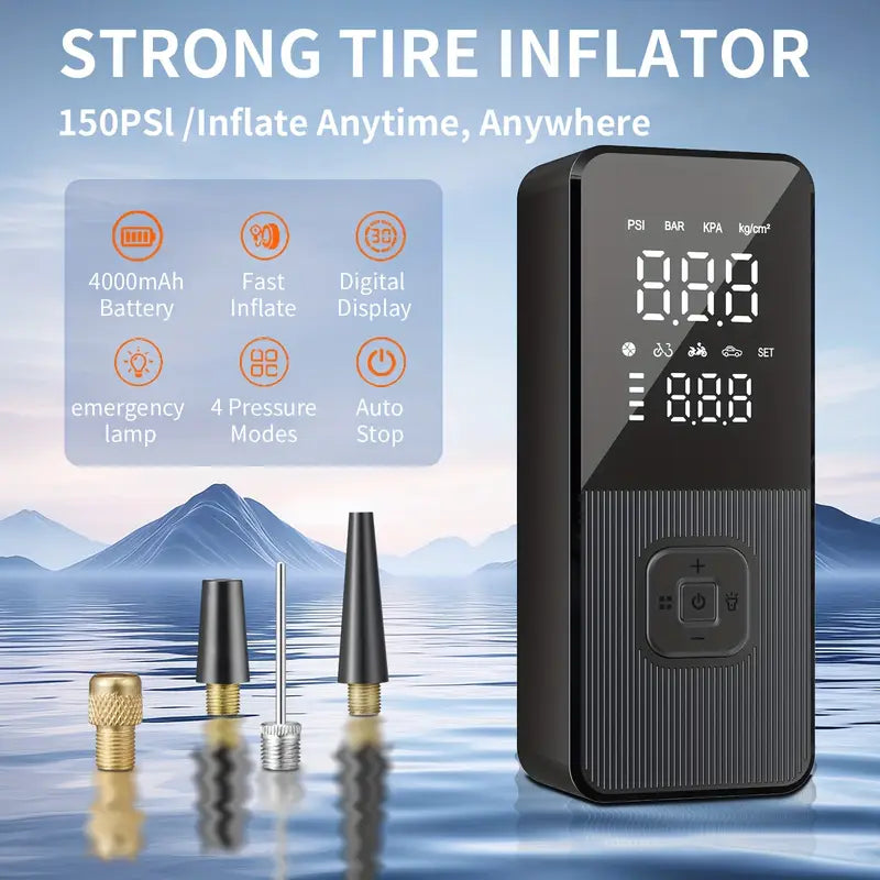 Portable Air Compressor, 150PSI Tire Inflator For Car Tires, Electric Air Pump For Cars Faster Inflation Speed, Equipped With 4000mAh Battery And LED-Illuminated Precision Digital Pressure Gauge