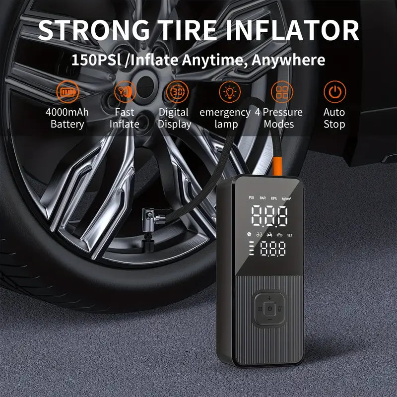 Portable Air Compressor, 150PSI Tire Inflator For Car Tires, Electric Air Pump For Cars Faster Inflation Speed, Equipped With 4000mAh Battery And LED-Illuminated Precision Digital Pressure Gauge