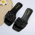 Women Rhinestone Sandals Glitter Strappy Squin Shoes Square Toe Slider Flat