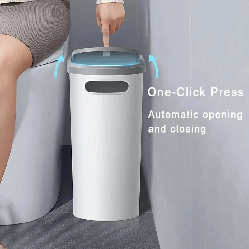 10L Slim Bathroom Trash Can | Space-Saving Silent Garbage Bin with Storage Top