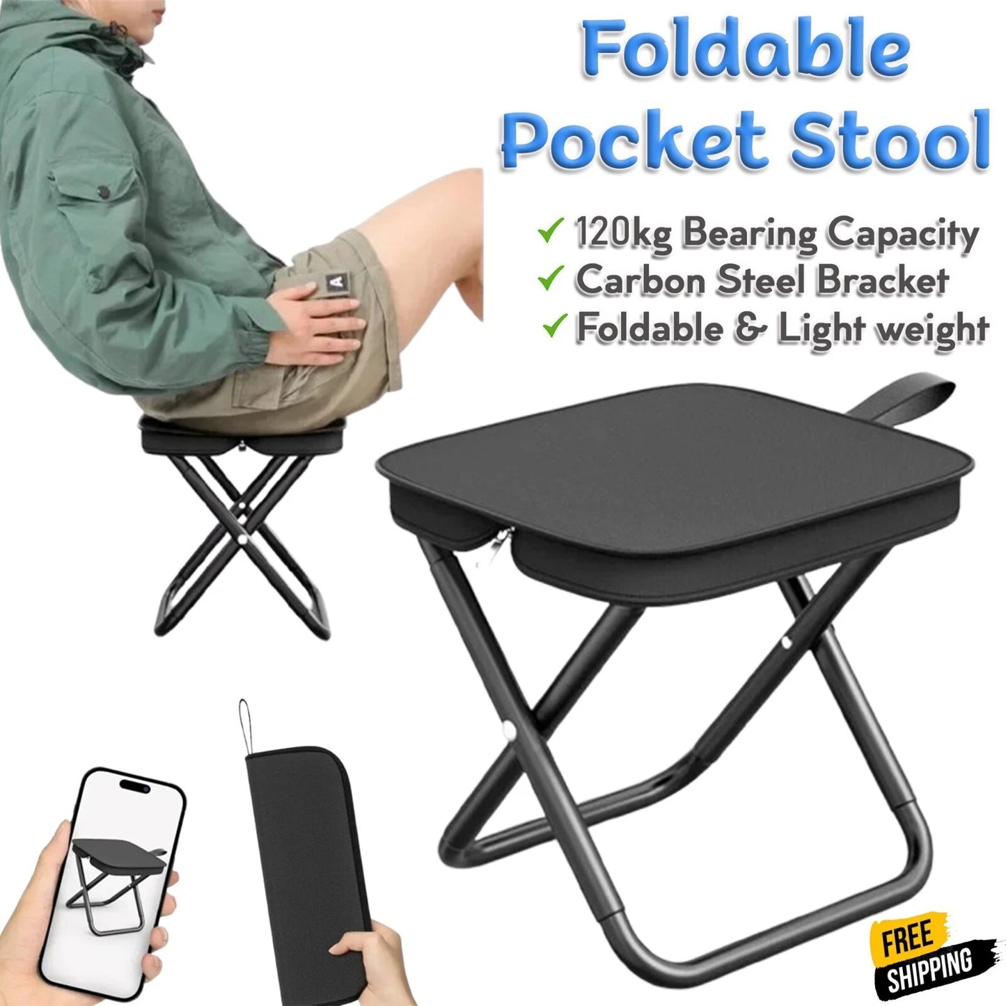 Portable Foldable Stool Handbag Chair Fishing Camping Garden Small Pocket Stool