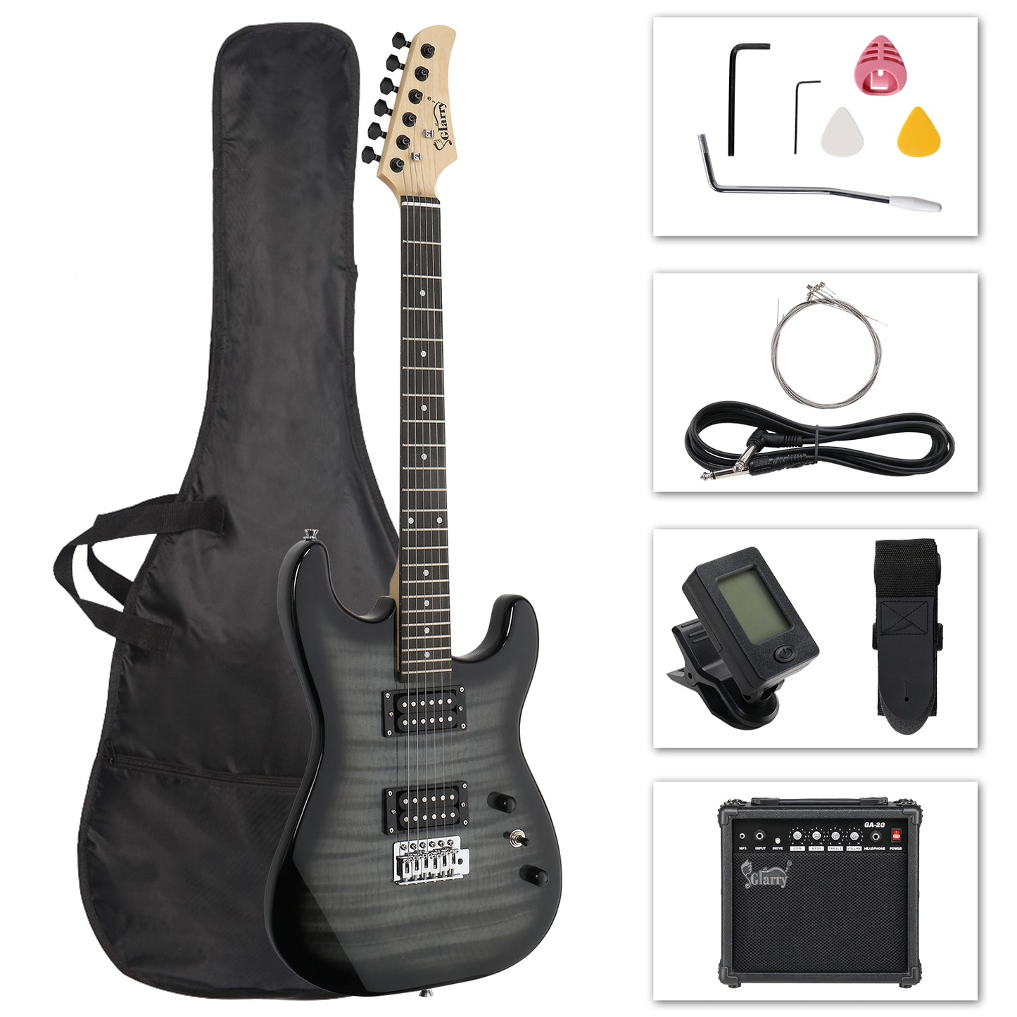 [Do Not Sell on Amazon]  GST Stylish H-H Pickup Tiger Stripe Electric Guitar Kit with 20W AMP Bag Guitar Strap Black