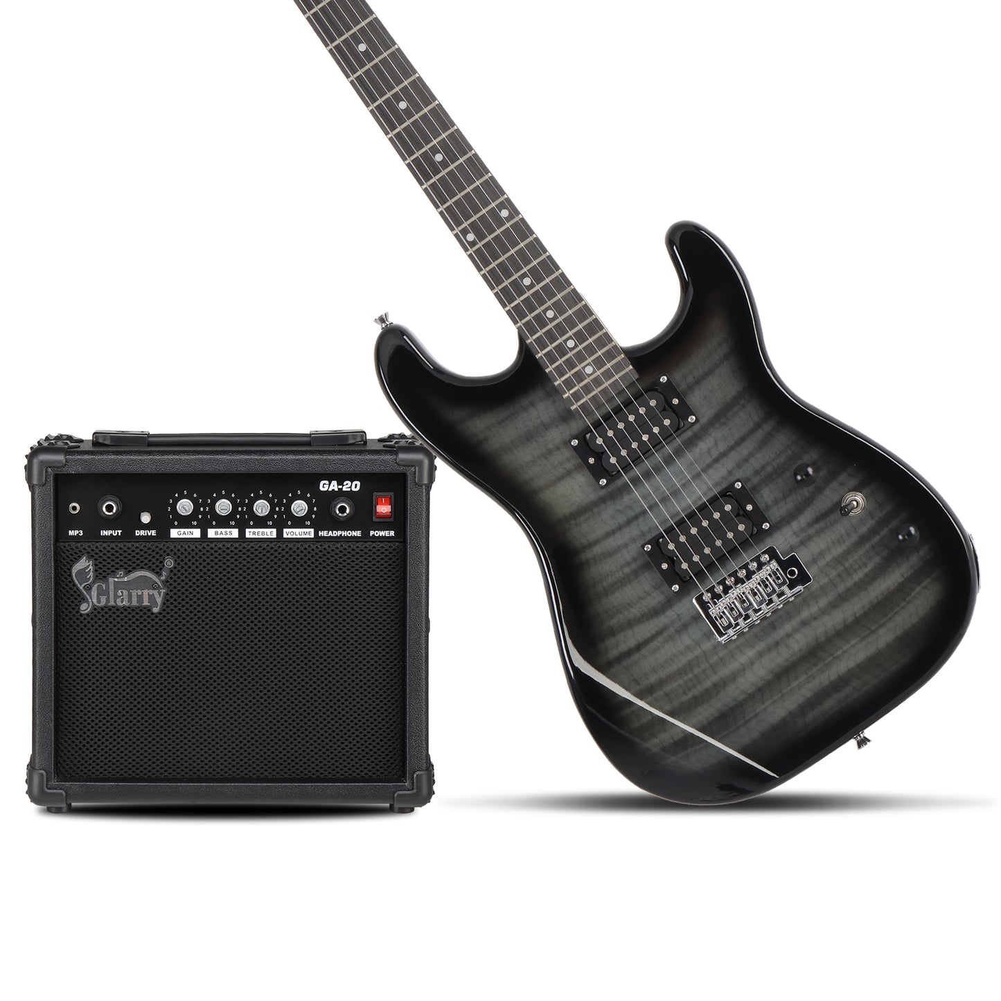 [Do Not Sell on Amazon]  GST Stylish H-H Pickup Tiger Stripe Electric Guitar Kit with 20W AMP Bag Guitar Strap Black