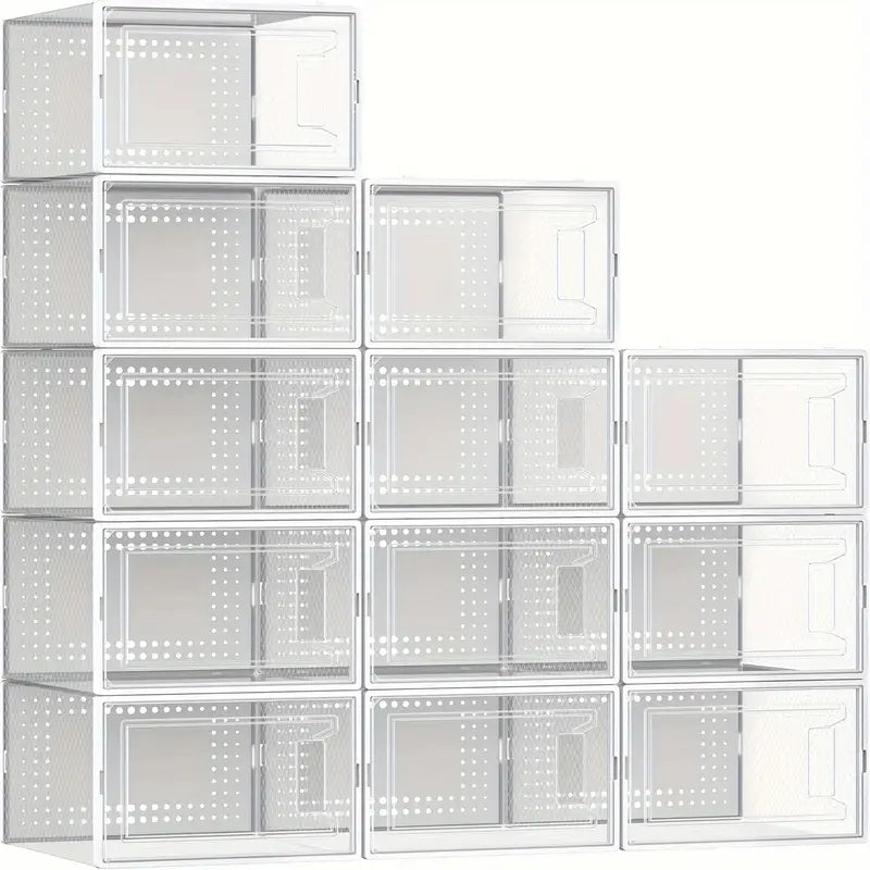 12pieces Thick Shoe Box with Lid, Foldable Stackable Shoe Rack, Free Combination