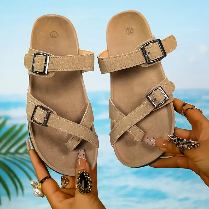 Women'S Flat - Heeled Cork Sandals With Toe - Straps, Summer Cross - Strap Sanda