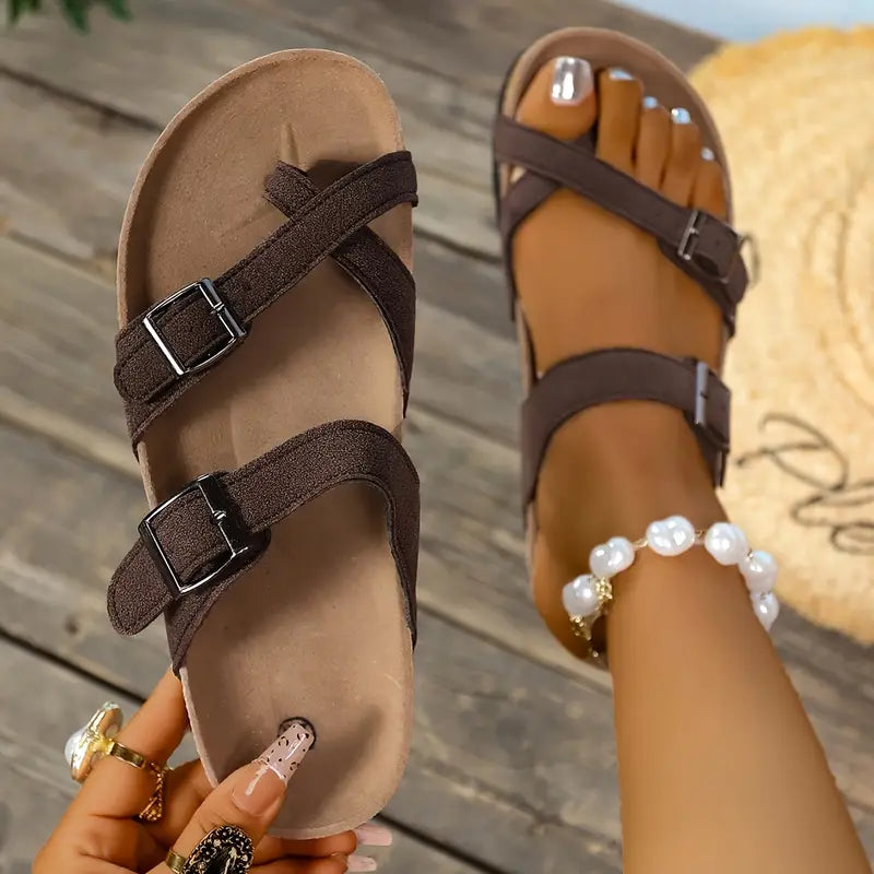 Women'S Flat - Heeled Cork Sandals With Toe - Straps, Summer Cross - Strap Sanda
