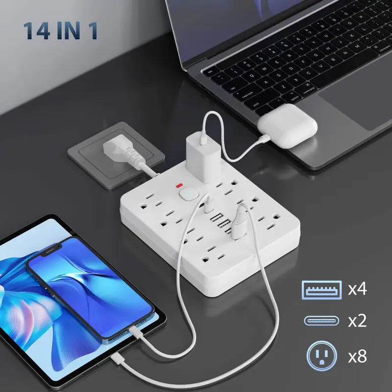 14-in-1 Power Strip Surge Protector with 8AC Outlets, 4USB & 2Type-C Port