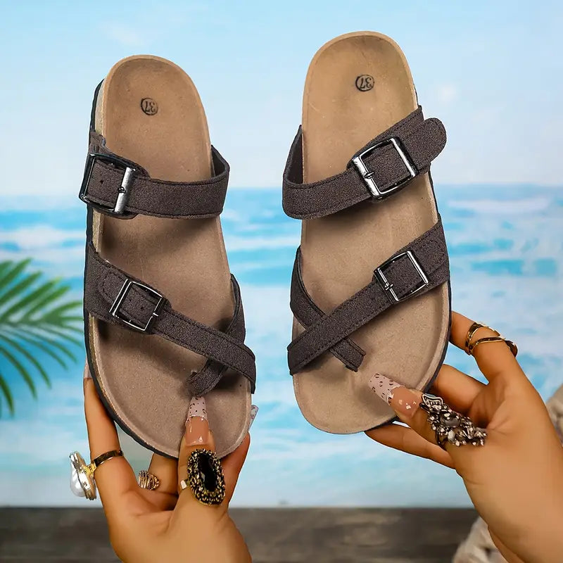 Women'S Flat - Heeled Cork Sandals With Toe - Straps, Summer Cross - Strap Sanda
