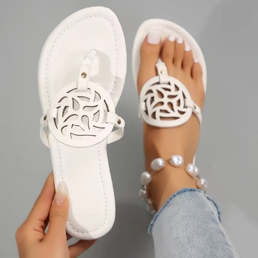 Comfortable Women's Flat Sandals With Cute Cut-Out Designs - Dressy Thong Flip