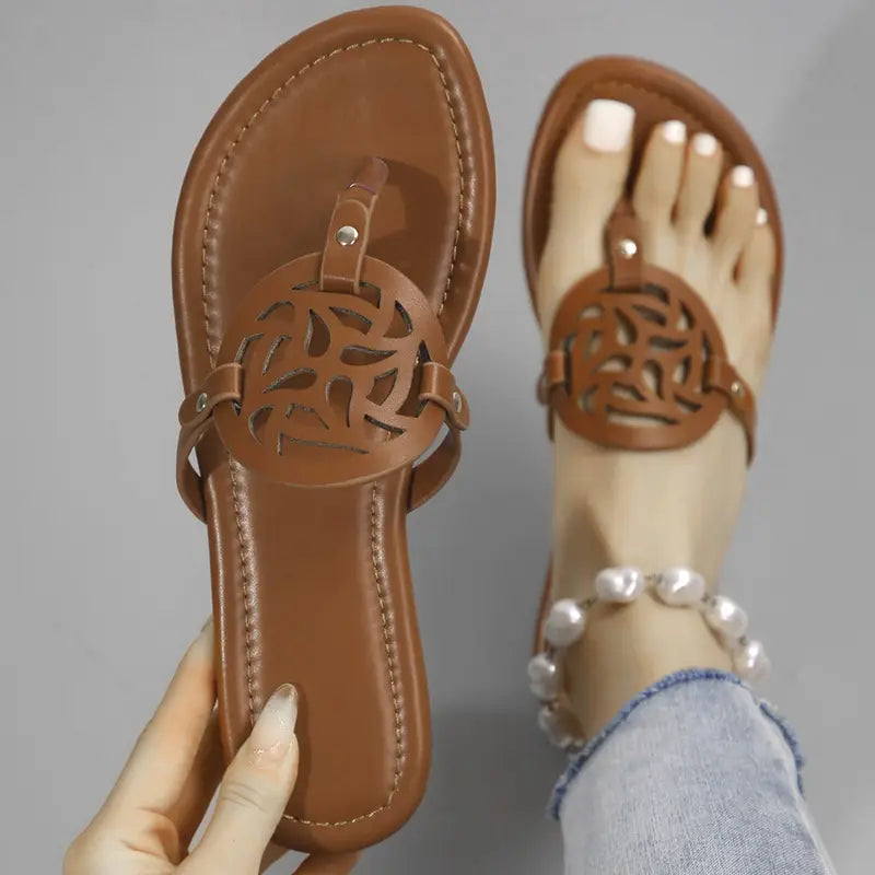 Comfortable Women's Flat Sandals With Cute Cut-Out Designs - Dressy Thong Flip