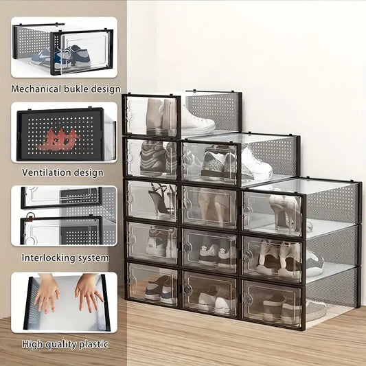 12pieces Thick Shoe Box with Lid, Foldable Stackable Shoe Rack, Free Combination