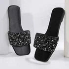 Women Rhinestone Sandals Glitter Strappy Squin Shoes Square Toe Slider Flat
