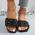 Women Rhinestone Sandals Glitter Strappy Squin Shoes Square Toe Slider Flat