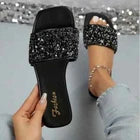 Women Rhinestone Sandals Glitter Strappy Squin Shoes Square Toe Slider Flat